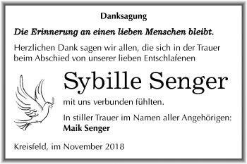 Traueranzeige von Sybille Senger von Mitteldeutsche Zeitung Mansfelder Land
