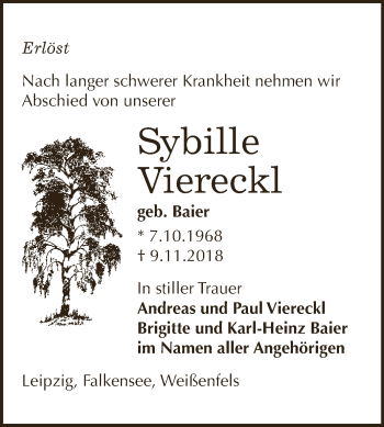 Traueranzeige von Sybille Viereckl von WVG - Wochenspiegel NMB / WSF / ZTZ