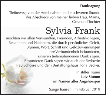 Traueranzeige von Sylvia Frank von Super Sonntag SGH Mansf. Land