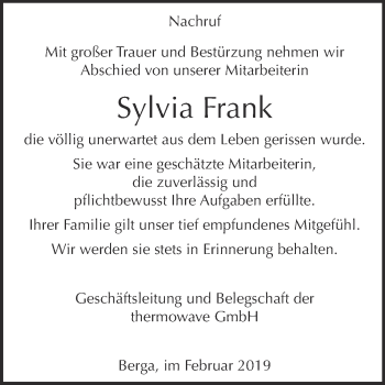 Traueranzeige von Sylvia Frank von Super Sonntag SGH Mansf. Land