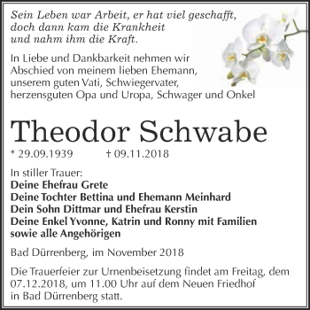 Traueranzeige von Theodor Schwabe von Super Sonntag Merseburg