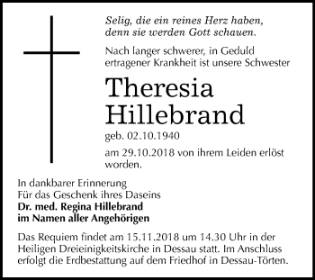 Traueranzeige von Theresia Hillebrand von WVG - Wochenspiegel Dessau / Köthen