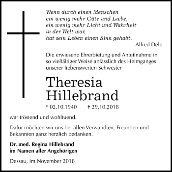 Traueranzeige von Theresia Hillebrand von WVG - Wochenspiegel Dessau / Köthen
