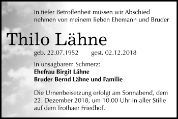 Traueranzeige von Thilo Lähne von Mitteldeutsche Zeitung Halle/Saalkreis