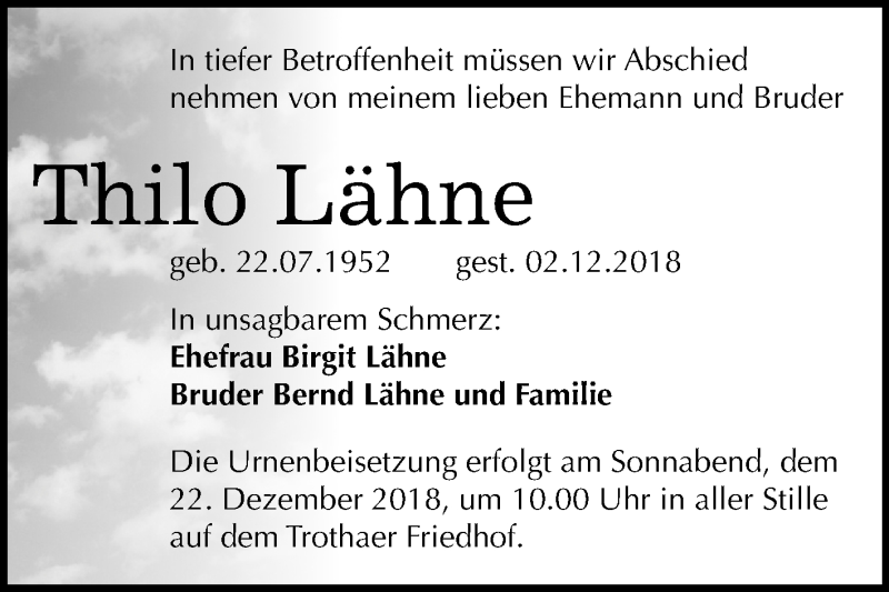  Traueranzeige für Thilo Lähne vom 15.12.2018 aus Mitteldeutsche Zeitung Halle/Saalkreis