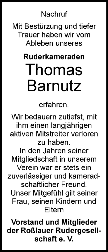 Traueranzeige von Thomas Barnutz von WVG - Wochenspiegel Dessau / Köthen
