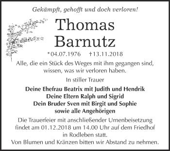 Traueranzeige von Thomas Barnutz von WVG - Wochenspiegel Dessau / Köthen