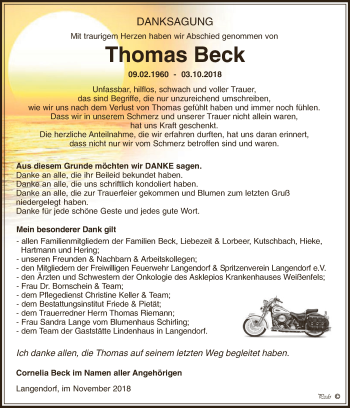 Traueranzeige von Thomas Beck von WVG - Wochenspiegel NMB / WSF / ZTZ