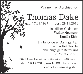 Traueranzeige von Thomas Dake von WVG - Wochenspiegel Bitterfeld