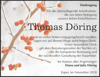 Traueranzeige von Thomas Döring von WVG - Wochenspiegel Wittenberg