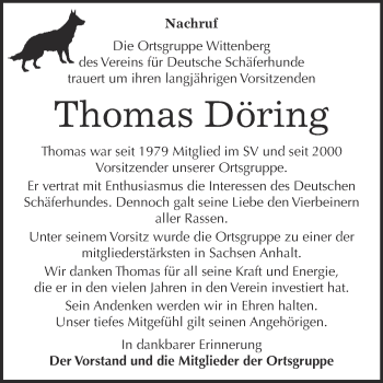 Traueranzeige von Thomas Döring von Super Sonntag Wittenberg