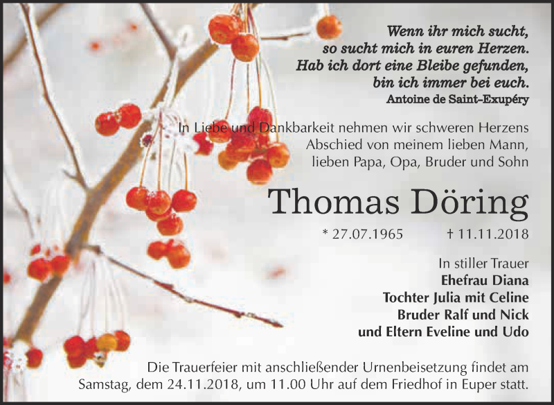  Traueranzeige für Thomas Döring vom 17.11.2018 aus WVG - Wochenspiegel Wittenberg