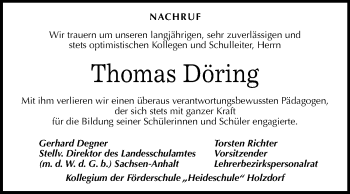 Traueranzeige von Thomas Döring von Mitteldeutsche Zeitung Wittenberg