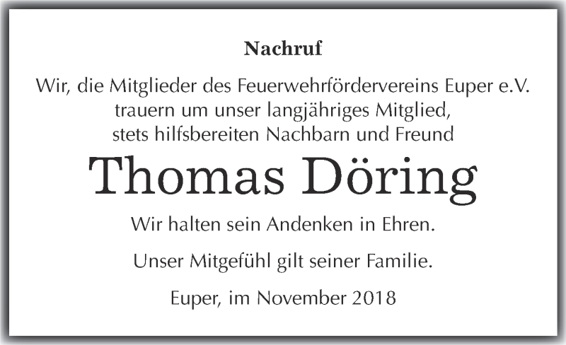  Traueranzeige für Thomas Döring vom 24.11.2018 aus Super Sonntag Wittenberg