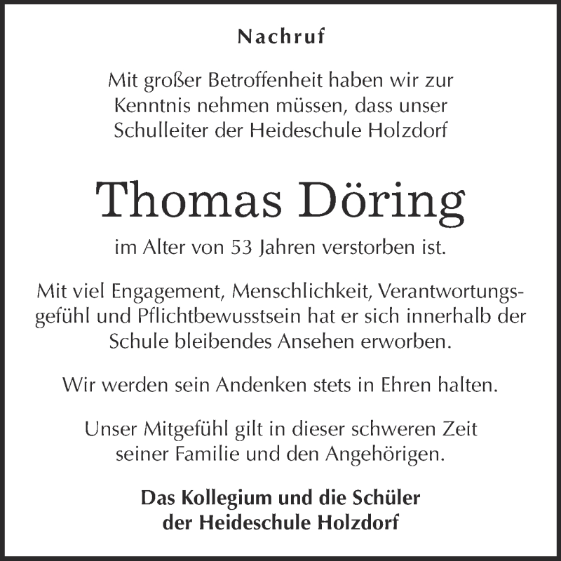 Traueranzeige für Thomas Döring vom 17.11.2018 aus Super Sonntag Wittenberg