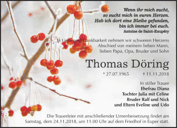 Traueranzeige von Thomas Döring von WVG - Wochenspiegel Wittenberg