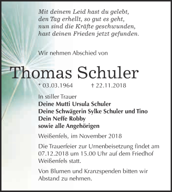 Traueranzeige von Thomas Schuler von WVG - Wochenspiegel NMB / WSF / ZTZ
