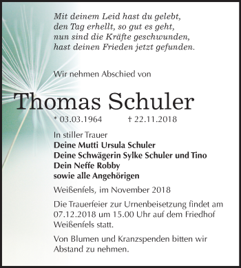 Traueranzeige von Thomas Schuler von Mitteldeutsche Zeitung Weißenfels