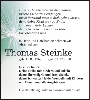 Traueranzeige von Thomas Steinke von Mitteldeutsche Zeitung Quedlinburg
