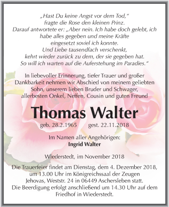 Traueranzeige von Thomas Walter von Mitteldeutsche Zeitung Mansfelder Land