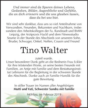 Traueranzeige von Tino Walter von WVG - Wochenspiegel Wittenberg