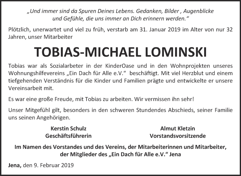  Traueranzeige für Tobias-Michael Lominski vom 16.02.2019 aus Super Sonntag Wittenberg