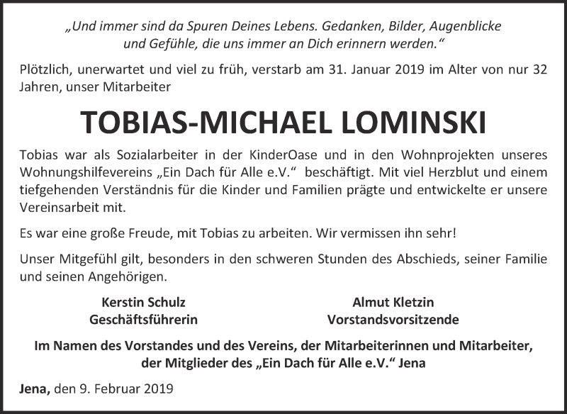  Traueranzeige für Tobias-Michael Lominski vom 23.02.2019 aus Super Sonntag Wittenberg