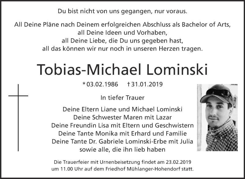  Traueranzeige für Tobias-Michael Lominski vom 09.02.2019 aus Super Sonntag Wittenberg