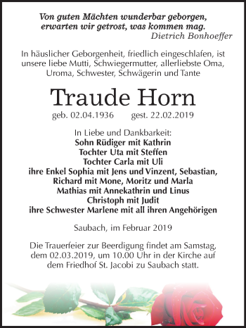 Traueranzeige von Traude Horn von Mitteldeutsche Zeitung