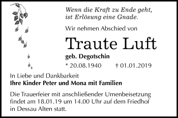 Traueranzeige von Traute Luft von Mitteldeutsche Zeitung Dessau-Roßlau