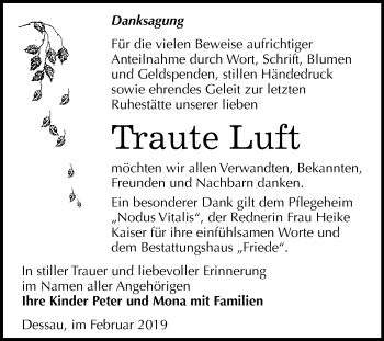 Traueranzeige von Traute Luft von Mitteldeutsche Zeitung