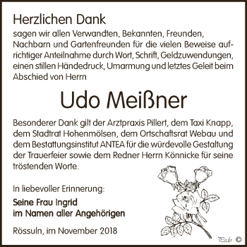 Traueranzeige von Udo Meißner von WVG - Wochenspiegel NMB / WSF / ZTZ