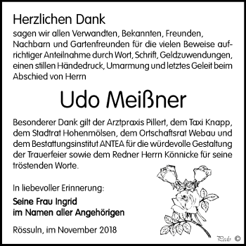 Traueranzeige von Udo Meißner von Mitteldeutsche Zeitung Weißenfels