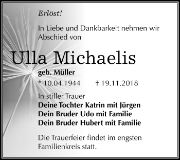 Traueranzeige von Ulla Michaelis von Mitteldeutsche Zeitung Halle/Saalkreis