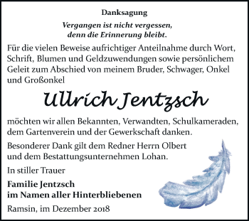 Traueranzeige von Ullrich Jentzsch von Mitteldeutsche Zeitung Bitterfeld