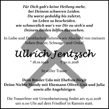 Traueranzeige von Ullrich Jentzsch von WVG - Wochenspiegel Bitterfeld