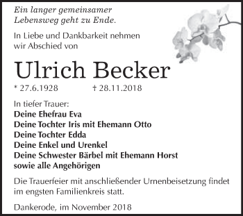 Traueranzeige von Ulrich Becker von WVG - Wochenspiegel Quedlinburg