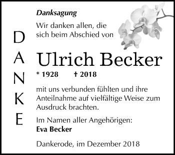 Traueranzeige von Ulrich Becker von Mitteldeutsche Zeitung Quedlinburg