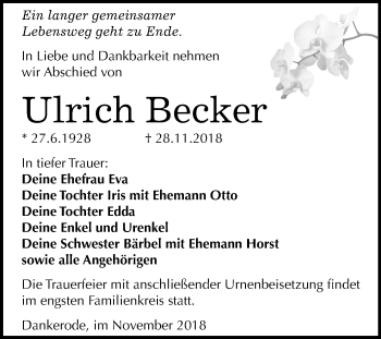Traueranzeige von Ulrich Becker von Mitteldeutsche Zeitung Quedlinburg