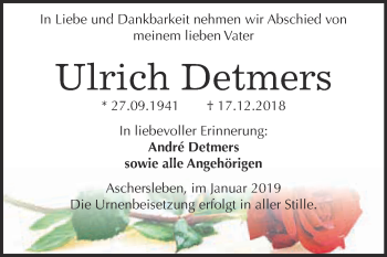 Traueranzeige von Ulrich Detmers von Super Sonntag Aschersleben