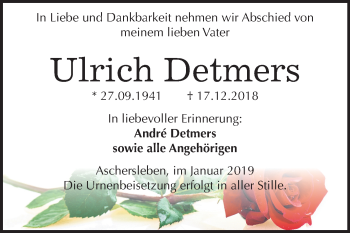 Traueranzeige von Ulrich Detmers von Mitteldeutsche Zeitung Aschersleben