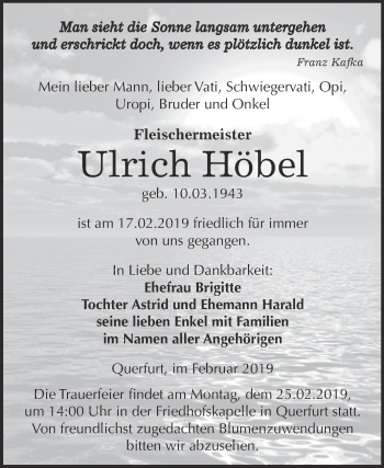 Traueranzeige von Ulrich Höbel von WVG - Wochenspiegel Merseburg