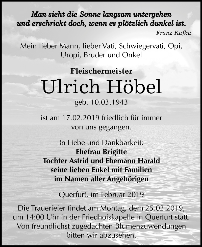  Traueranzeige für Ulrich Höbel vom 21.02.2019 aus Mitteldeutsche Zeitung Merseburg/Querfurt