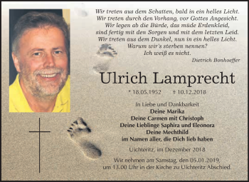 Traueranzeige von Ulrich Lamprecht von WVG - Wochenspiegel NMB / WSF / ZTZ
