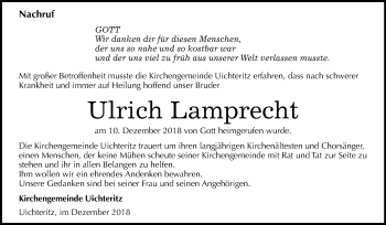 Traueranzeige von Ulrich Lamprecht von WVG - Wochenspiegel NMB / WSF / ZTZ