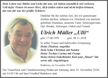 Traueranzeige von Ulrich Müller von Mitteldeutsche Zeitung Aschersleben