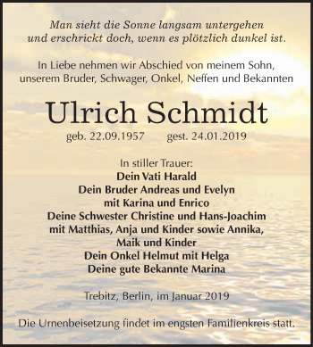 Traueranzeige von Ulrich Schmidt von WVG - Wochenspiegel Wittenberg