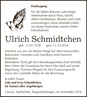 Traueranzeige von Ulrich Schmidtchen von WVG - Wochenspiegel NMB / WSF / ZTZ