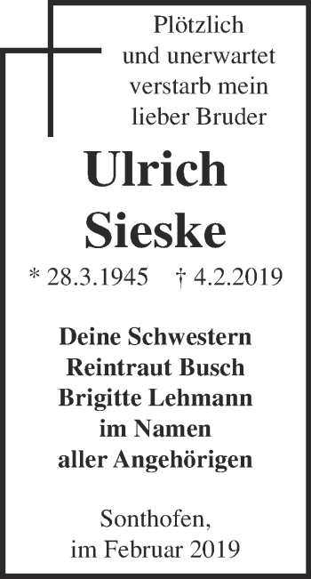 Traueranzeige von Ulrich Sieske von WVG - Wochenspiegel NMB / WSF / ZTZ