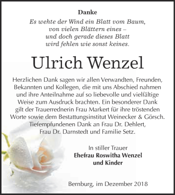 Traueranzeige von Ulrich Wenzel von Super Sonntag Bernburg